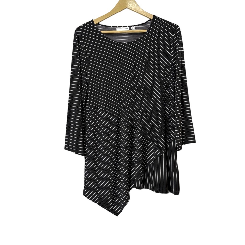 Susan Graver Black White Striped Asymmetric Tunic Top Size Large Classic Neutral